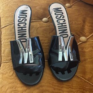 Moschino Patent  Black Heels with Silver Logo